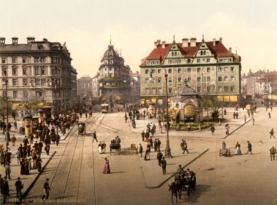 Late 19th Century postcard showing the Karlsplatz facing west